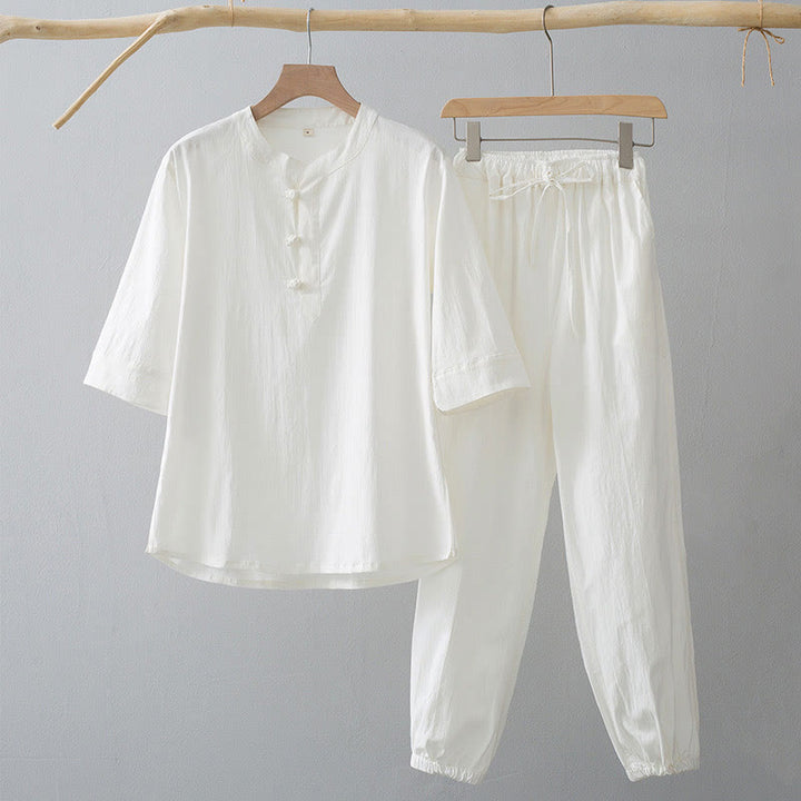 Chemise à manches trois-quarts et pantalon à boutons de grenouille Buddha Stones pour homme - Chemise blanche et pantalon blanc - US/UK/AU44，EU54 (4XL) - image 1