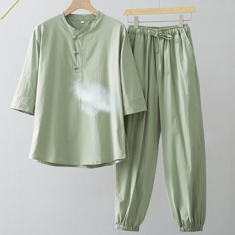 Chemise à manches trois-quarts et pantalon à boutons de grenouille Buddha Stones pour homme - image 8