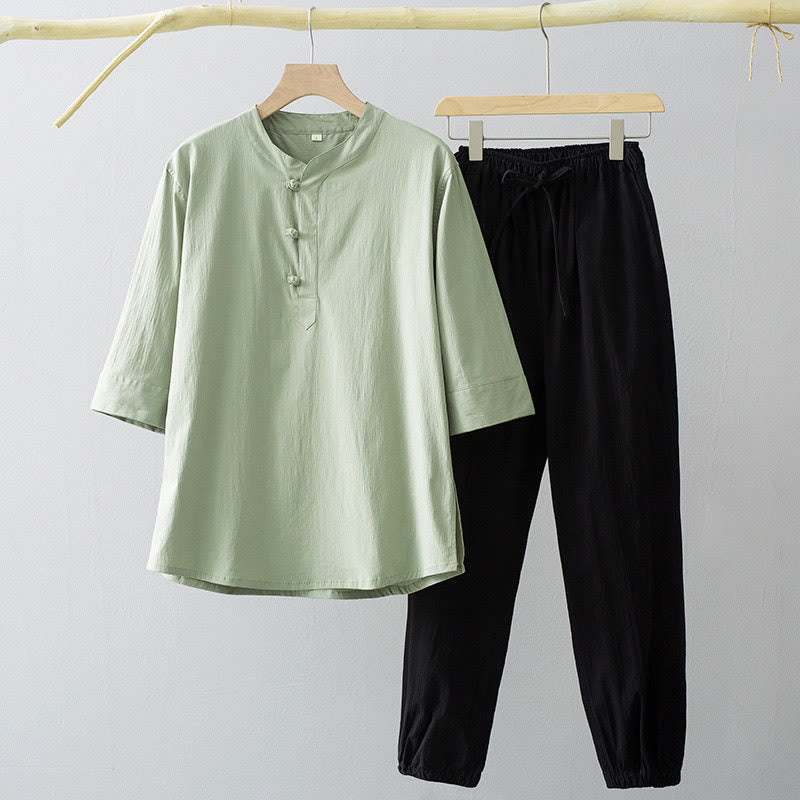 Chemise à manches trois-quarts et pantalon à boutons de grenouille Buddha Stones pour homme - Chemise vert foncé et pantalon noir - US/UK/AU44，EU54 (4XL) - image 6