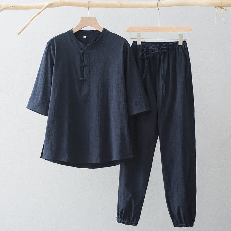 Chemise à manches trois-quarts et pantalon à boutons de grenouille Buddha Stones pour homme - Chemise bleu nuit et pantalon bleu nuit - US/UK/AU44，EU54 (4XL) - image 4