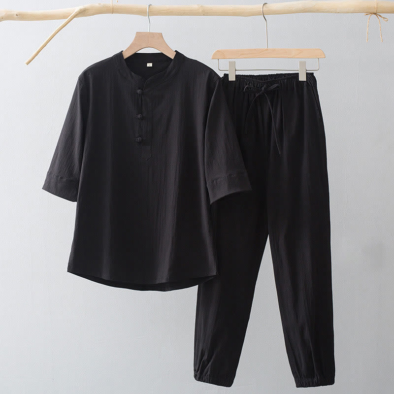 Chemise à manches trois-quarts et pantalon à boutons de grenouille Buddha Stones pour homme - Chemise noire et pantalon noir - US/UK/AU44，EU54 (4XL) - image 3