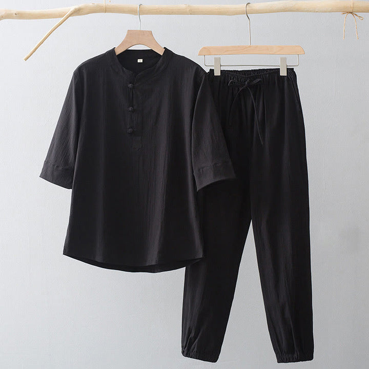 Chemise à manches trois-quarts et pantalon à boutons de grenouille Buddha Stones pour homme - Chemise noire et pantalon noir - US/UK/AU44，EU54 (4XL) - image 3