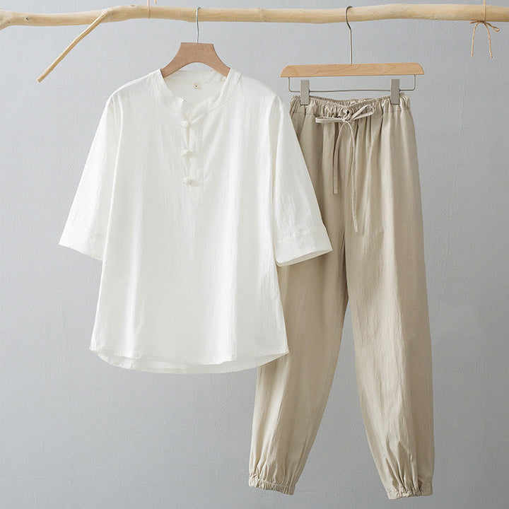 Chemise à manches trois-quarts et pantalon à boutons de grenouille Buddha Stones pour homme - Chemise blanche et pantalon blanc antique - US/UK/AU44，EU54 (4XL) - image 7