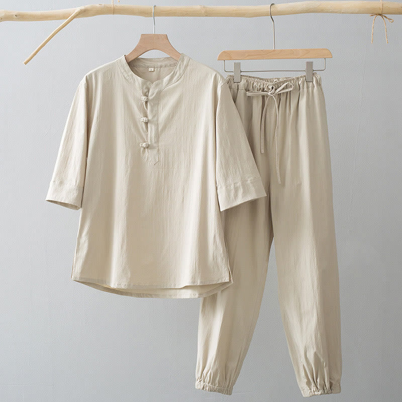 Chemise à manches trois-quarts et pantalon à boutons de grenouille Buddha Stones pour homme - Chemise blanche antique et pantalon blanc antique - US/UK/AU44，EU54 (4XL) - image 0