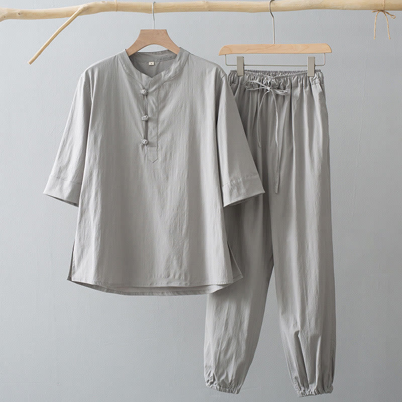 Chemise à manches trois-quarts et pantalon à boutons de grenouille Buddha Stones pour homme - Chemise Gainsboro et pantalon Gainsboro - US/UK/AU44，EU54 (4XL) - image 2