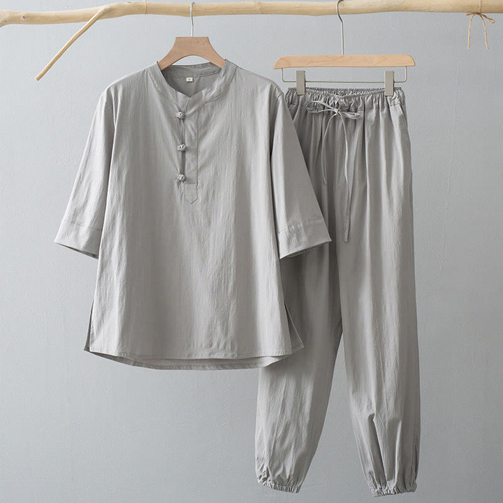 Chemise à manches trois-quarts et pantalon à boutons de grenouille Buddha Stones pour homme - Chemise Gainsboro et pantalon Gainsboro - US/UK/AU44，EU54 (4XL) - image 2