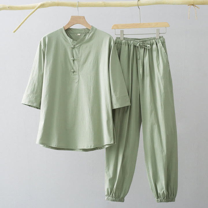 Chemise à manches trois-quarts et pantalon à boutons de grenouille Buddha Stones pour homme - Chemise et pantalon vert foncé - US/UK/AU44，EU54 (4XL) - image 5