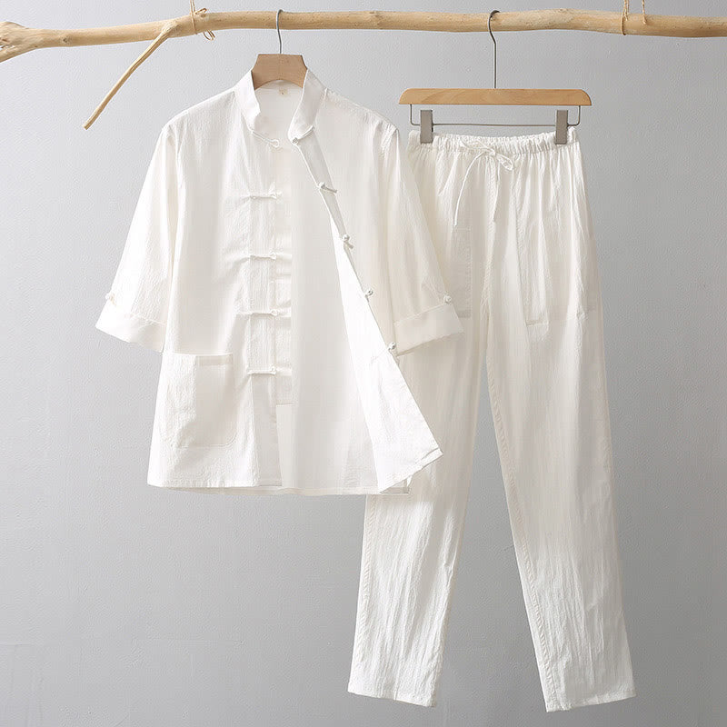 Chemise à manches trois-quarts à boutons de grenouille Buddha Stones Tang Pantalon à jambe large Costume pour homme en coton et lin - Blanc - US/UK/AU44，EU54 (4XL) - image 6