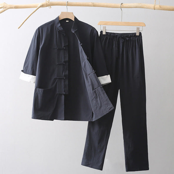 Chemise à manches trois-quarts à boutons de grenouille Buddha Stones Tang Pantalon à jambe large Costume pour homme en coton et lin - Bleu nuit - US/UK/AU44，EU54 (4XL) - image 5