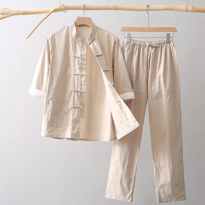 Chemise à manches trois-quarts à boutons de grenouille Buddha Stones Tang Pantalon à jambe large Costume pour homme en coton et lin - Blé - US/UK/AU44，EU54 (4XL) - image 0