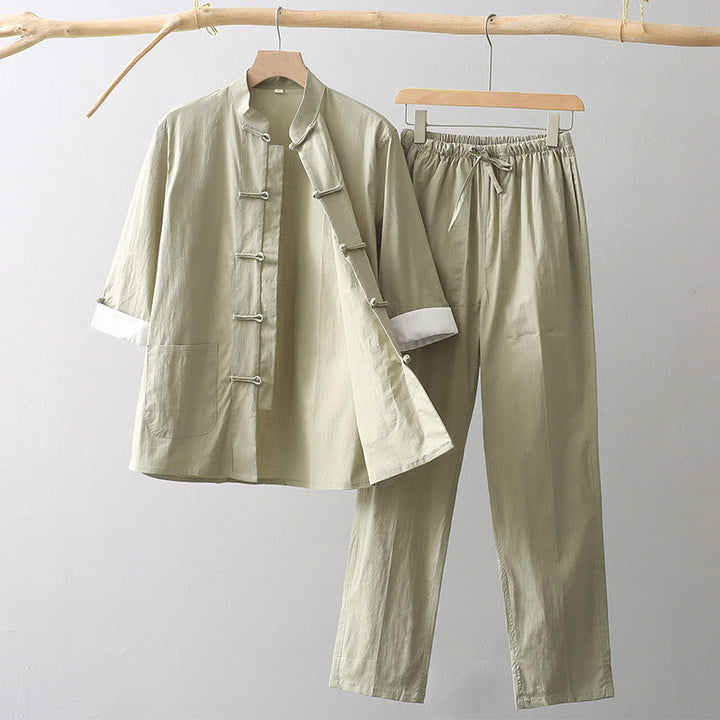 Chemise à manches trois-quarts à boutons de grenouille Buddha Stones Tang Pantalon à jambe large Costume pour homme en coton et lin