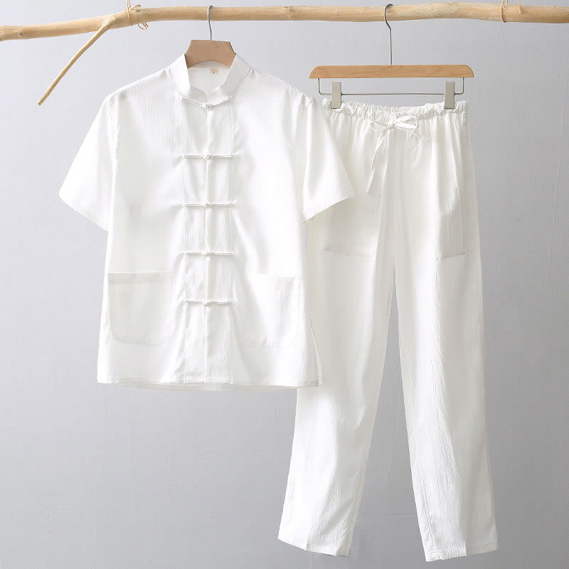 Chemise à manches courtes et pantalon large à boutons de grenouille Buddha Stones Tang pour homme - Blanc - US/UK/AU44，EU54 (4XL) - image 0