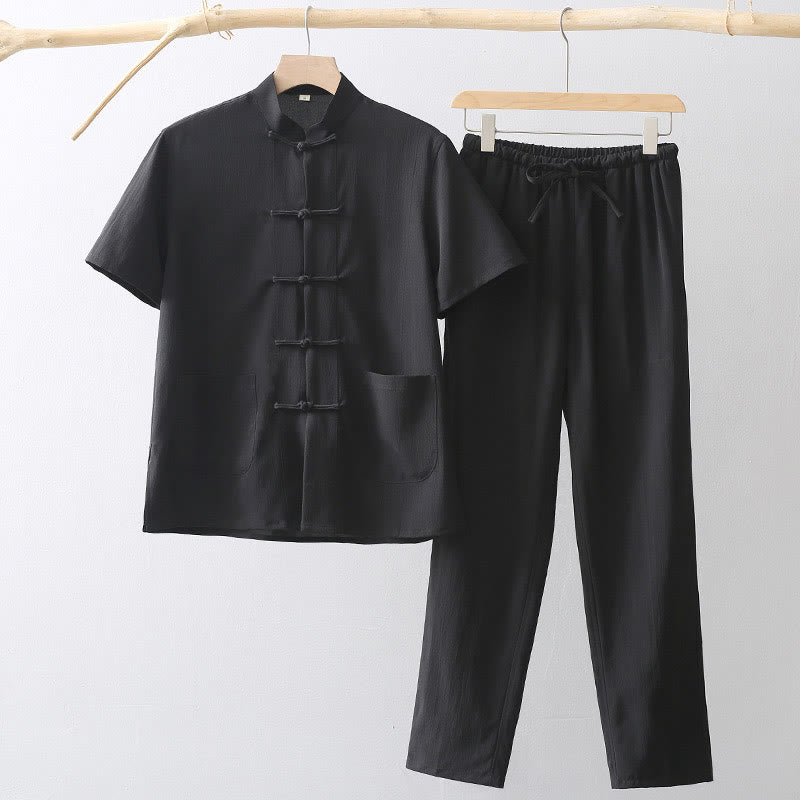 Chemise à manches courtes et pantalon large à boutons de grenouille Buddha Stones Tang pour homme - Noir - US/UK/AU44，EU54 (4XL) - image 4