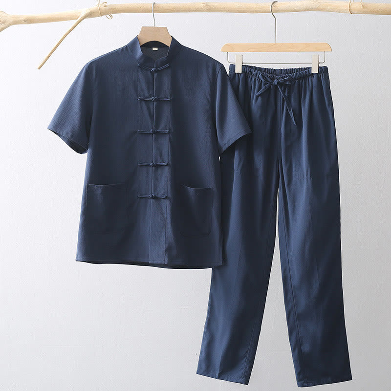 Chemise à manches courtes et pantalon large à boutons de grenouille Buddha Stones Tang pour homme - Bleu nuit - US/UK/AU44，EU54 (4XL) - image 2