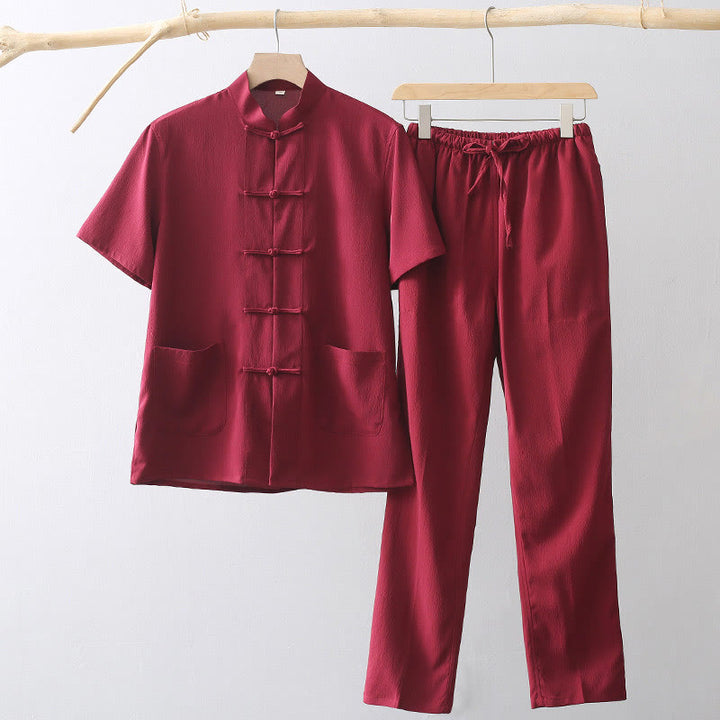 Chemise à manches courtes et pantalon large à boutons de grenouille Buddha Stones Tang pour homme