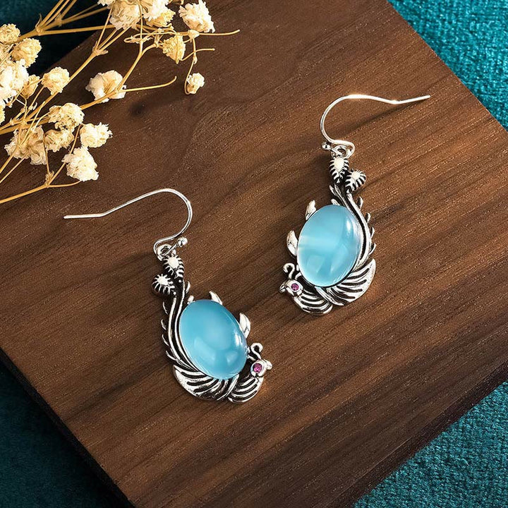 Boucles d'oreilles en argent sterling 925 Buddha Stones et calcédoine bleue, poisson Koi, équilibre et vitalité