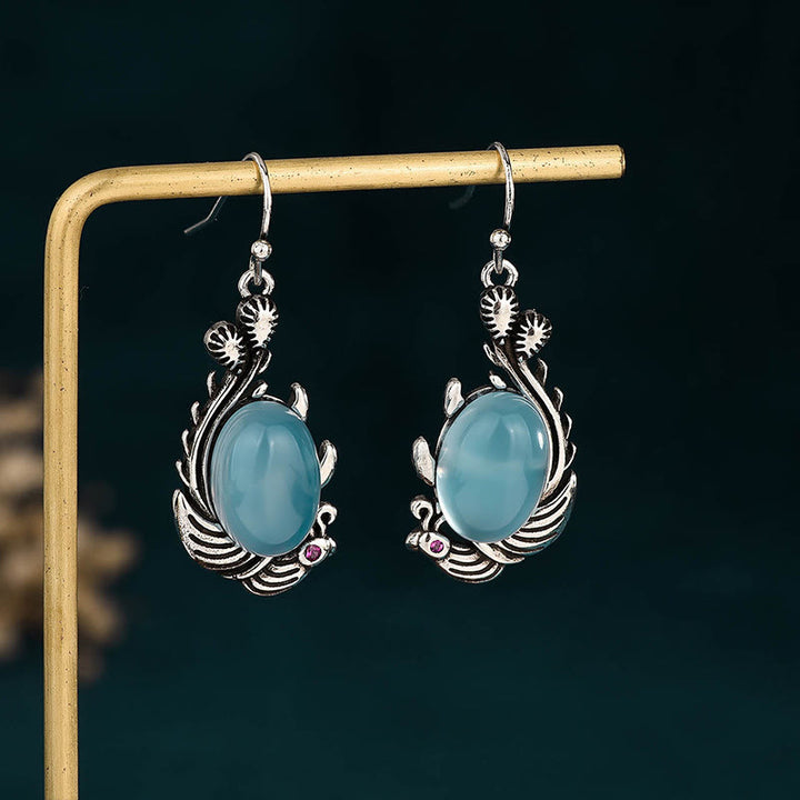 Boucles d'oreilles en argent sterling 925 Buddha Stones et calcédoine bleue, poisson Koi, équilibre et vitalité