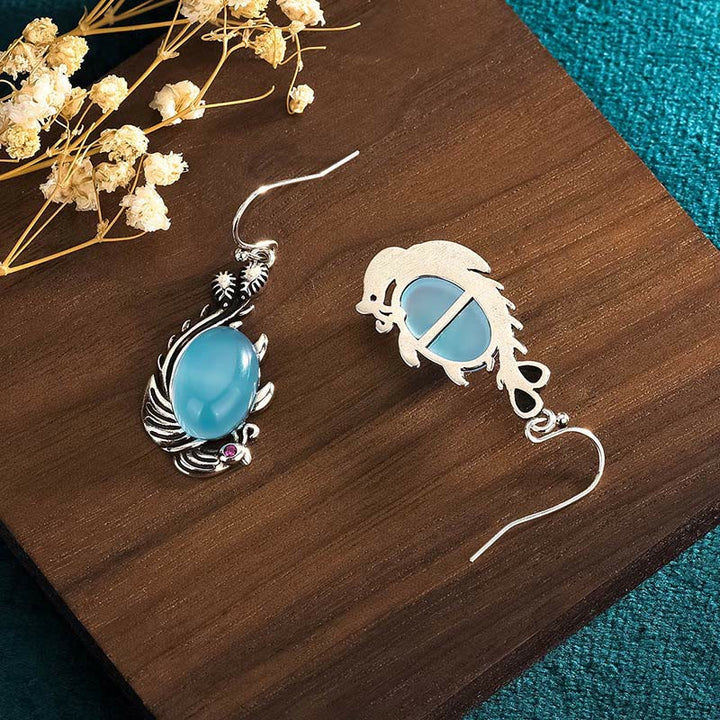 Boucles d'oreilles en argent sterling 925 Buddha Stones et calcédoine bleue, poisson Koi, équilibre et vitalité