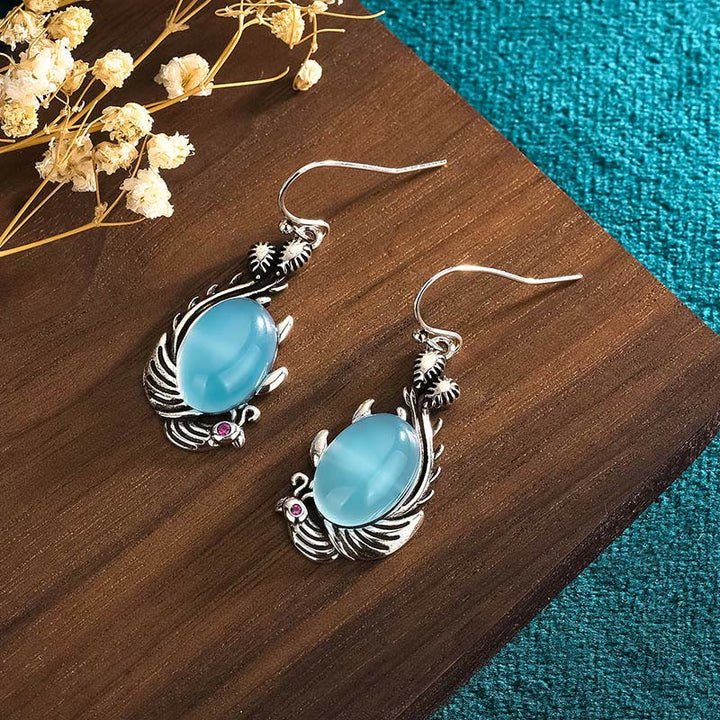 Boucles d'oreilles en argent sterling 925 Buddha Stones et calcédoine bleue, poisson Koi, équilibre et vitalité