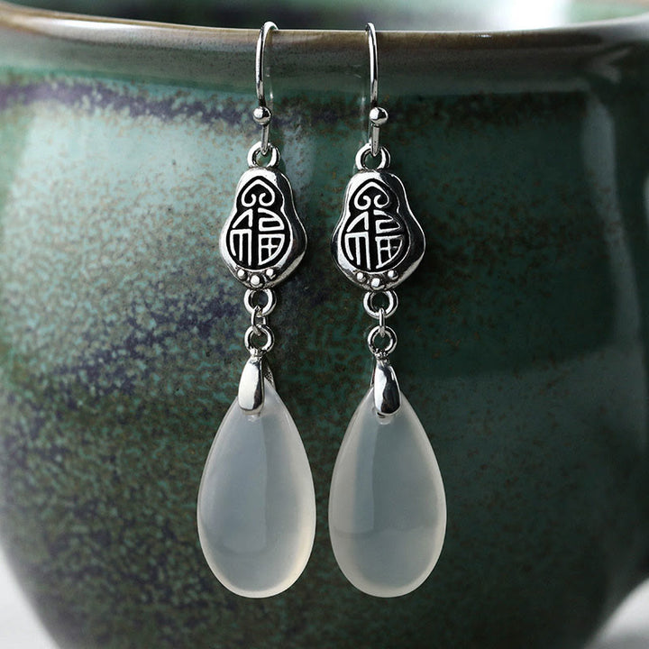 Boucles d'oreilles en argent sterling 925 Buddha Stones et calcédoine naturelle, caractère Fu, harmonie positive