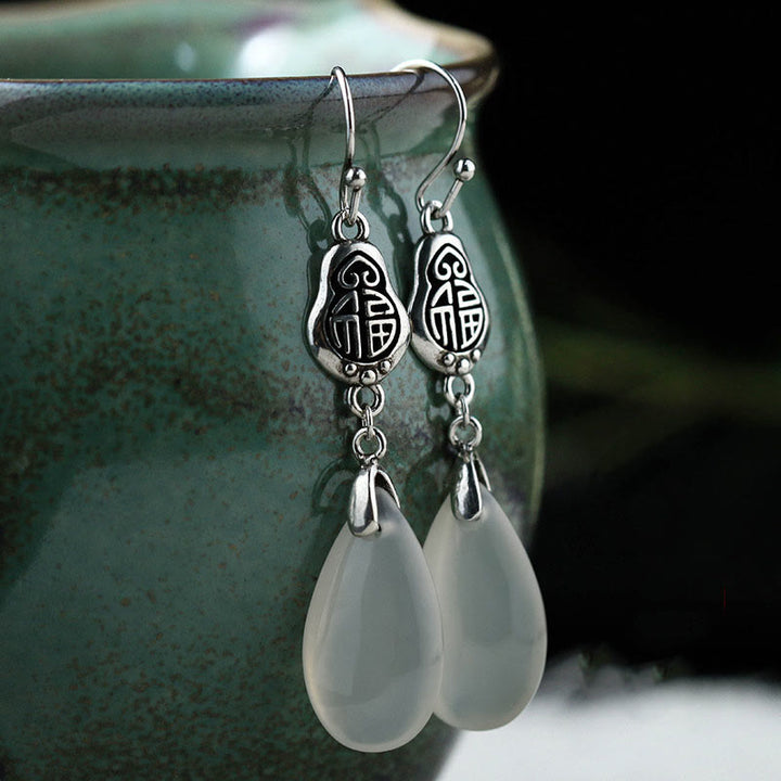 Boucles d'oreilles en argent sterling 925 Buddha Stones et calcédoine naturelle, caractère Fu, harmonie positive