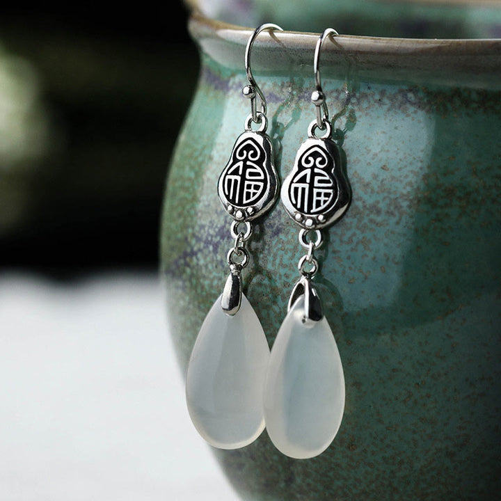 Boucles d'oreilles en argent sterling 925 Buddha Stones et calcédoine naturelle, caractère Fu, harmonie positive