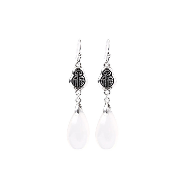 Boucles d'oreilles en argent sterling 925 Buddha Stones et calcédoine naturelle, caractère Fu, harmonie positive