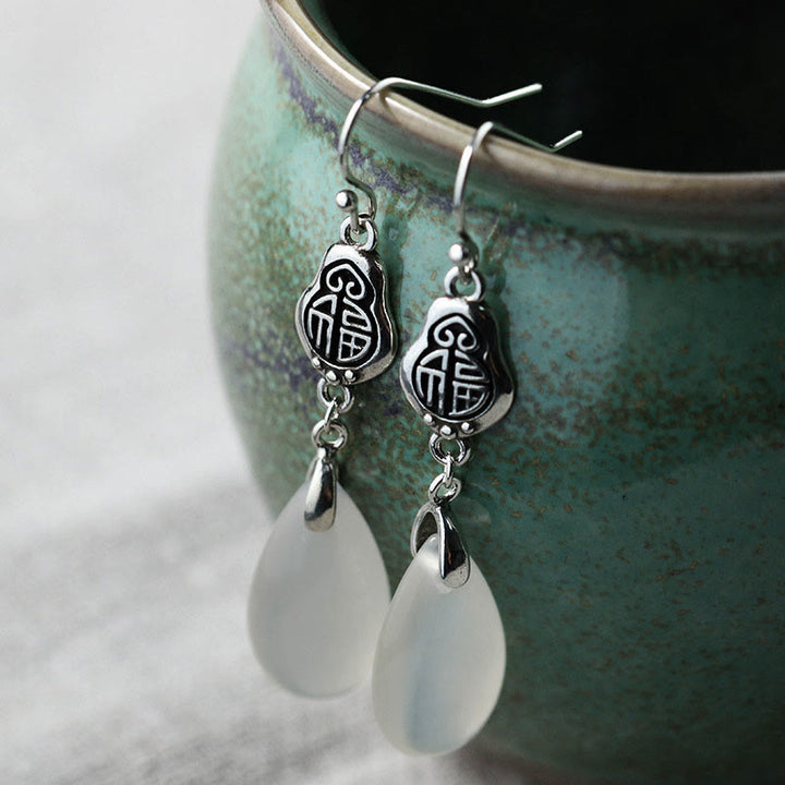Boucles d'oreilles en argent sterling 925 Buddha Stones et calcédoine naturelle, caractère Fu, harmonie positive