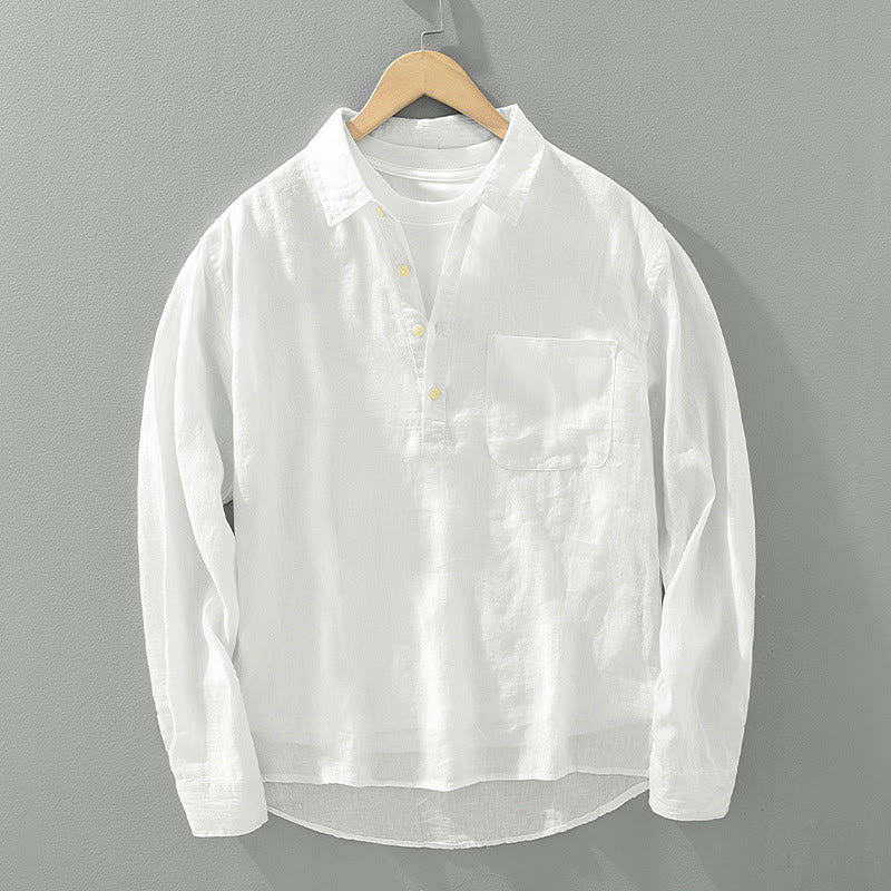 Chemise ample à manches longues et demi-boutonnée en lin avec Buddha Stones , couleur unie, vêtements pour hommes - Blanc - US/UK/AU42，EU52 (3XL) - image 0