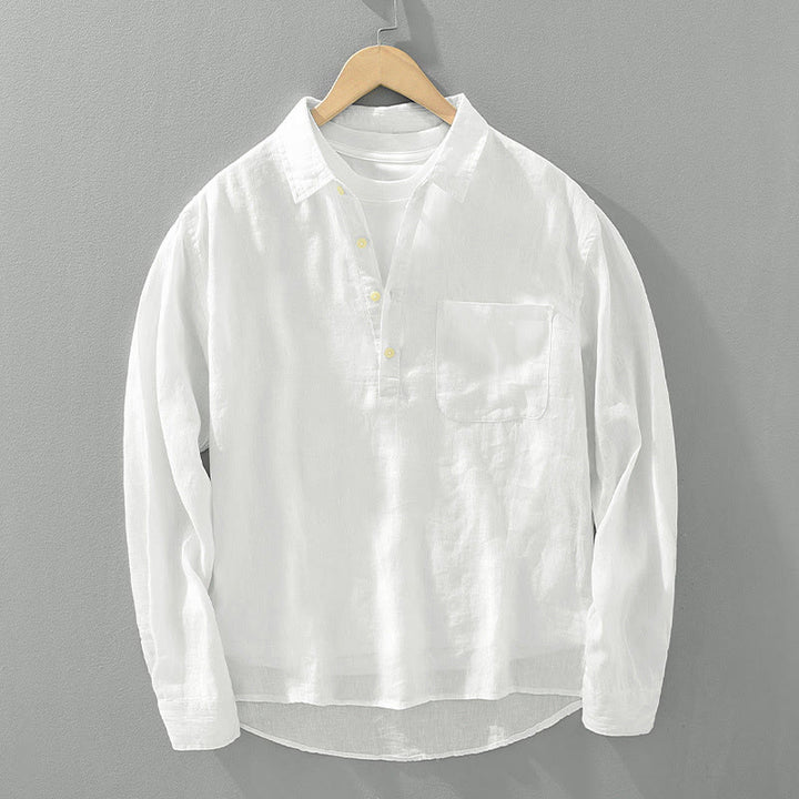 Chemise ample à manches longues et demi-boutonnée en lin avec Buddha Stones , couleur unie, vêtements pour hommes - Blanc - US/UK/AU42，EU52 (3XL) - image 0