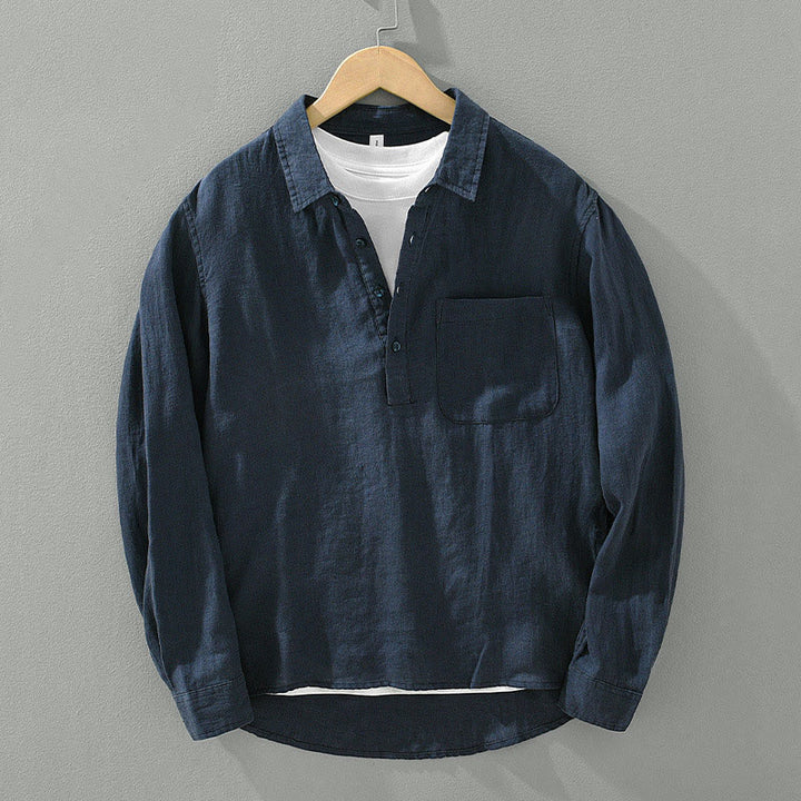 Chemise ample à manches longues et demi-bouton en lin pour homme Buddha Stones , couleur unie