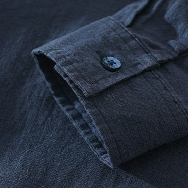 Chemise ample à manches longues et demi-bouton en lin pour homme Buddha Stones , couleur unie