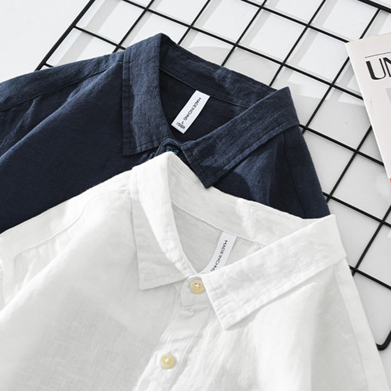 Chemise ample à manches longues et demi-bouton en lin pour homme Buddha Stones , couleur unie