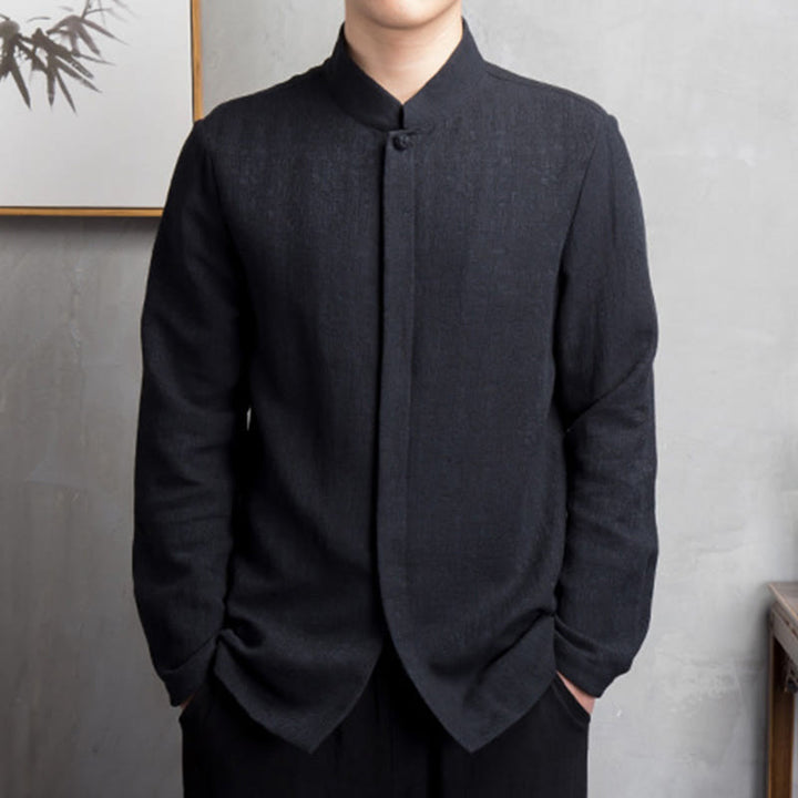 Veste en coton et lin pour homme, couleur unie, style chinois, Buddha Stones - Noir - US/UK/AU44，EU54 (4XL) - image 9