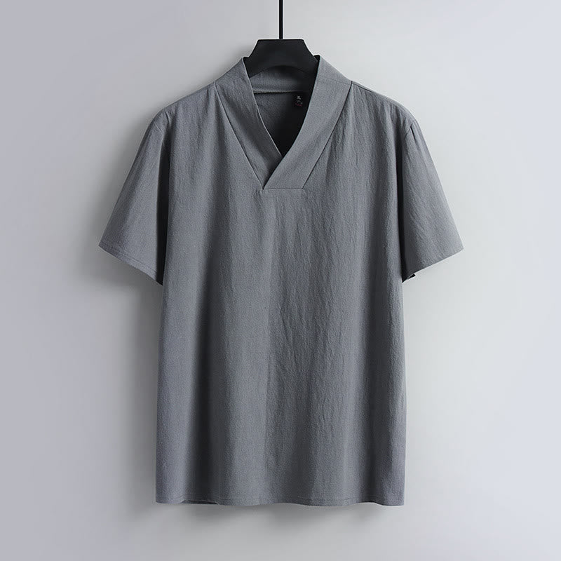 T-shirt ample pour homme Buddha Stones , couleur unie, manches courtes, col en V, chemise en lin respirante - Gris - US/UK/AU54，EU64 (9XL) - image 1