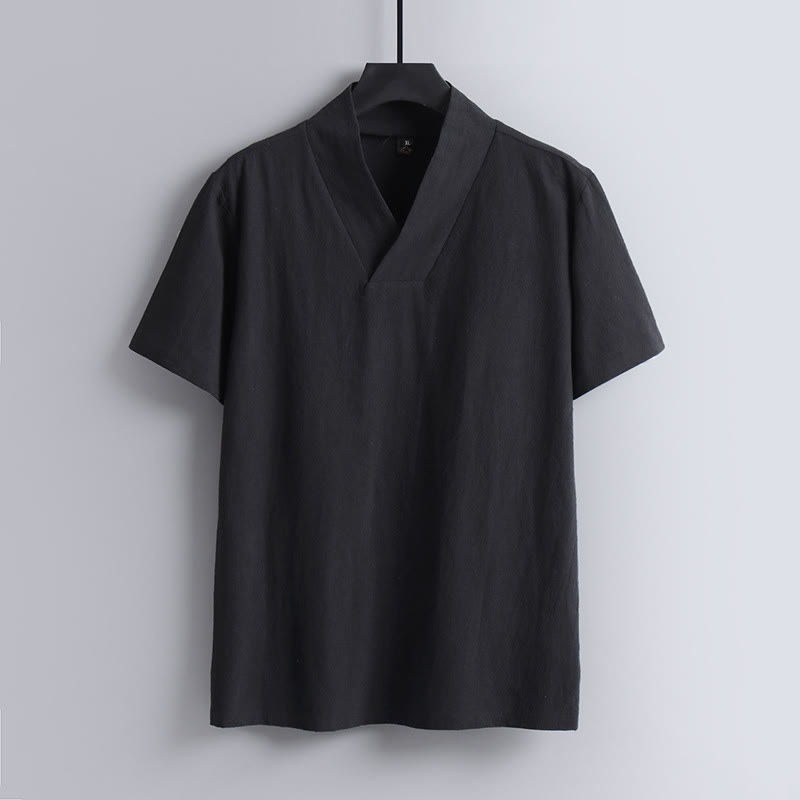 T-shirt ample pour homme Buddha Stones , couleur unie, manches courtes, col en V, chemise en lin respirante - Noir - US/UK/AU54，EU64 (9XL) - image 3