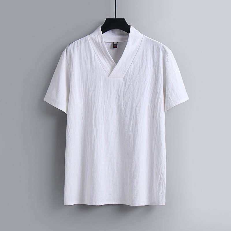 T-shirt homme ample Buddha Stones , couleur unie, manches courtes, col en V, respirant, en coton et lin. - Blanc - US/UK/AU54，EU64 (9XL) - image 1