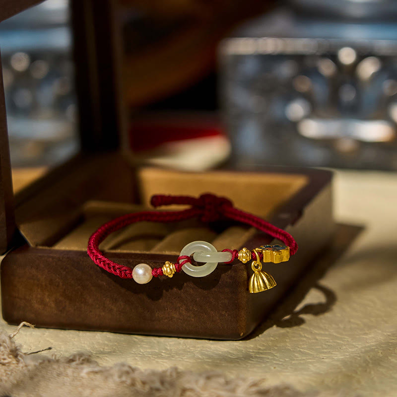 Bracelet porte-bonheur en corde tressée avec boucle de paix en jade et lotus de Hetian Buddha Stones