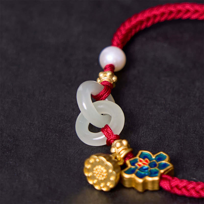 Bracelet porte-bonheur en corde tressée avec boucle de paix en jade et lotus de Hetian Buddha Stones