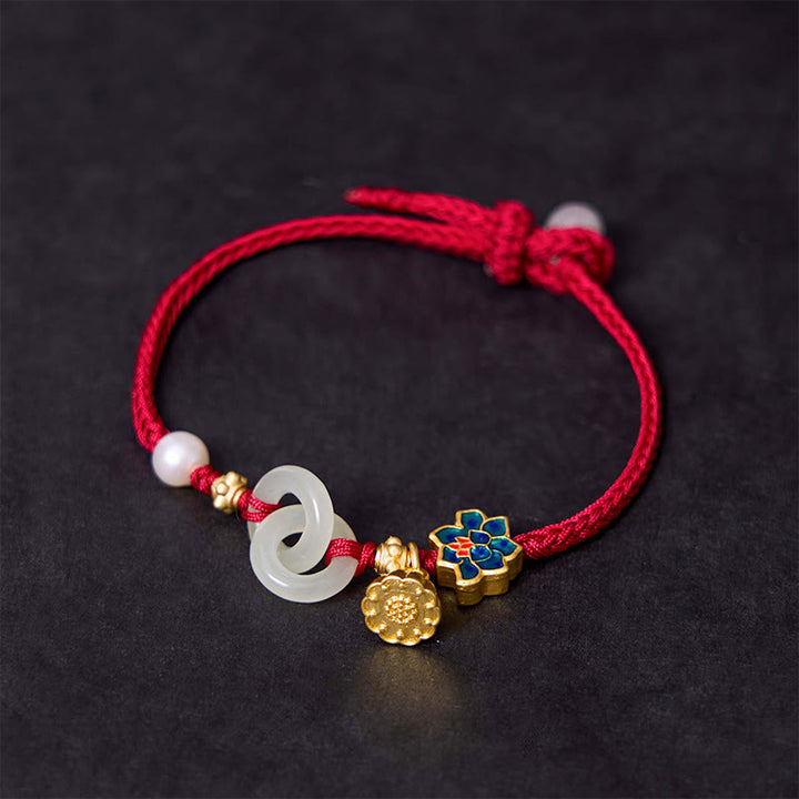 Bracelet porte-bonheur en corde tressée avec boucle de paix en jade et lotus de Hetian Buddha Stones