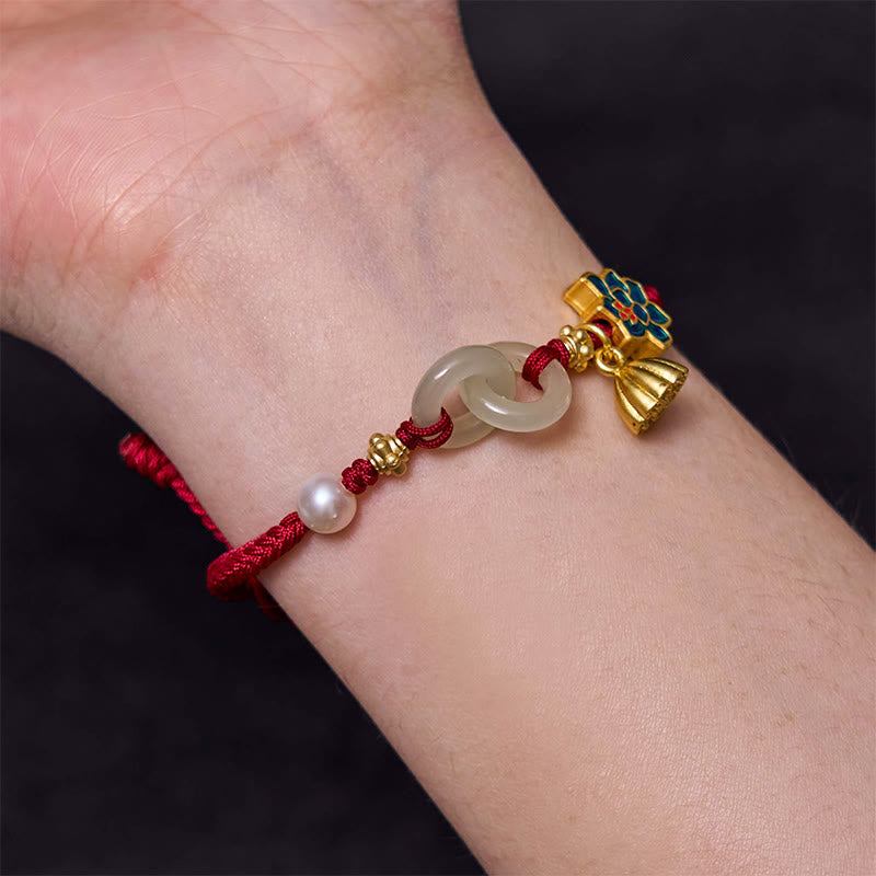 Bracelet porte-bonheur en corde tressée avec boucle de paix en jade et lotus de Hetian Buddha Stones