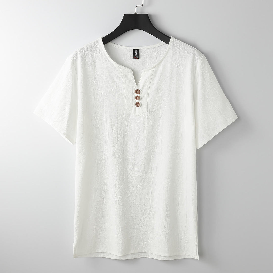 T-shirt pour homme Buddha Stones, couleur unie, manches courtes, col en V à trois boutons, chemise en coton doux