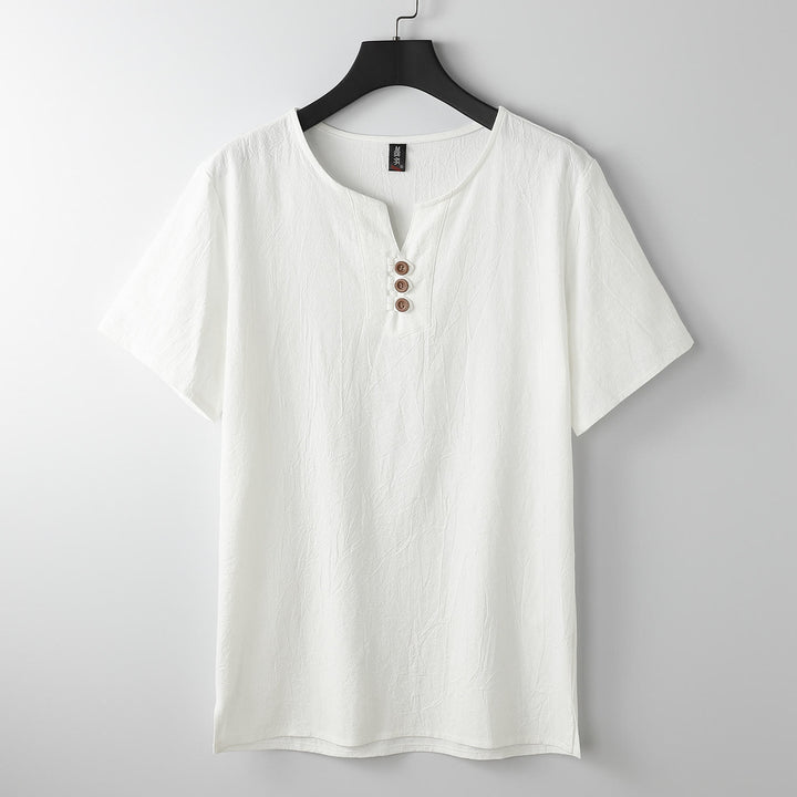 T-shirt pour homme Buddha Stones, couleur unie, manches courtes, col en V à trois boutons, chemise en coton doux