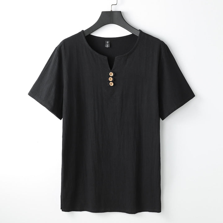 T-shirt pour homme Buddha Stones, couleur unie, manches courtes, col en V à trois boutons, chemise en coton doux
