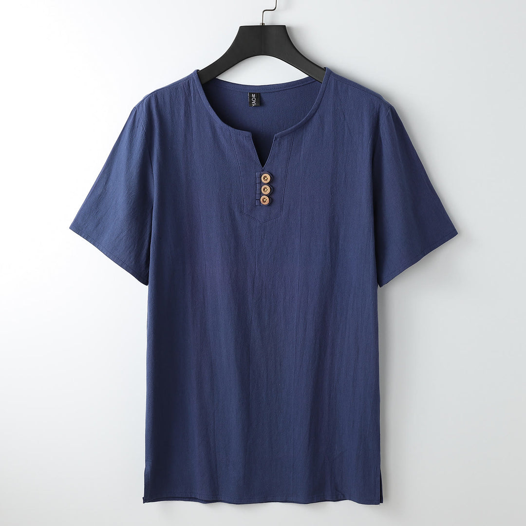 T-shirt pour homme Buddha Stones, couleur unie, manches courtes, col en V à trois boutons, chemise en coton doux