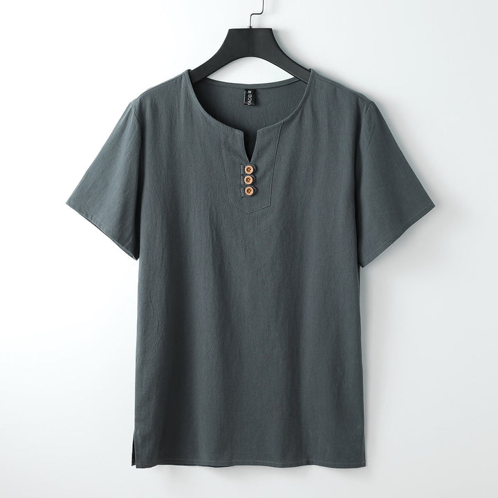 T-shirt pour homme Buddha Stones, couleur unie, manches courtes, col en V à trois boutons, chemise en coton doux