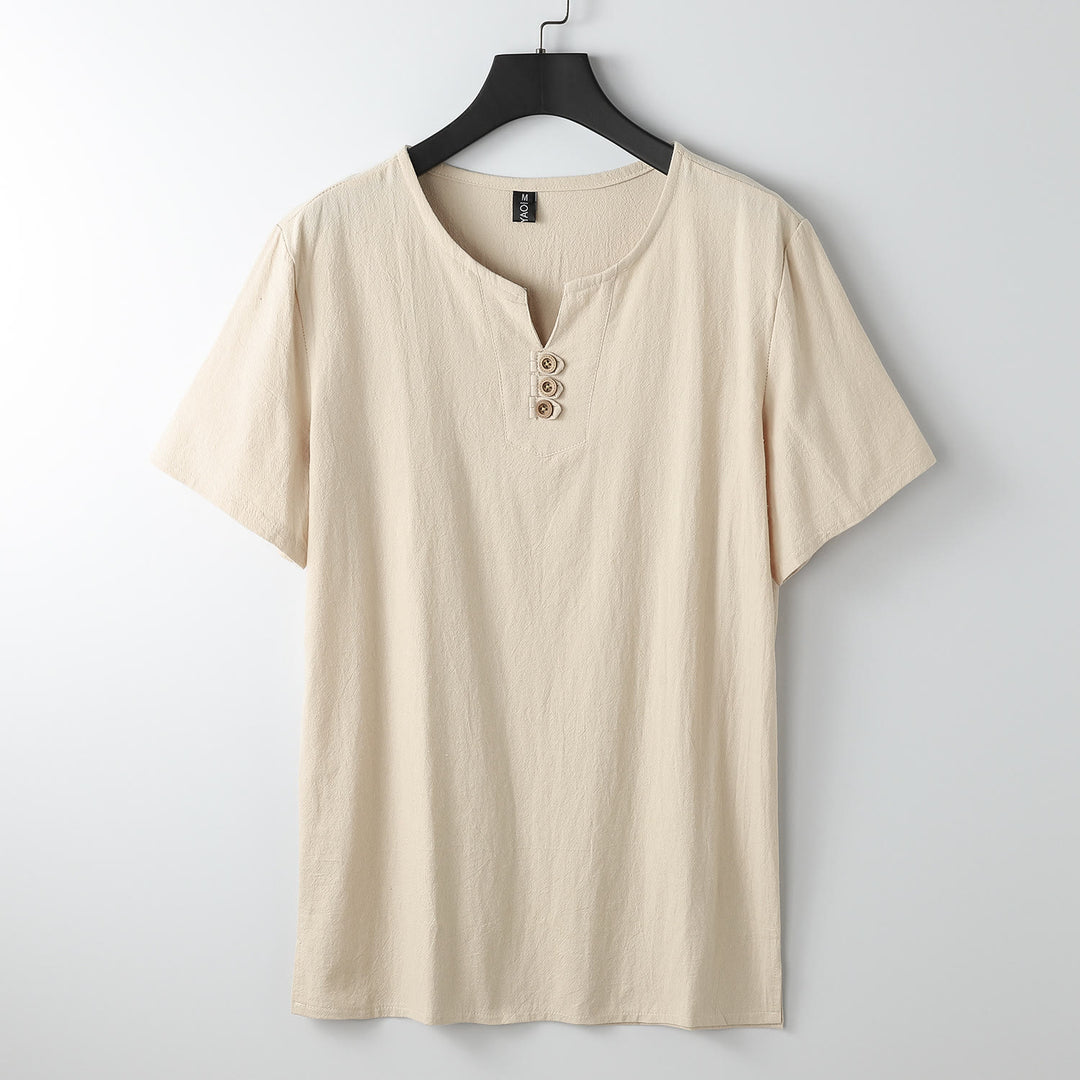 T-shirt pour homme Buddha Stones, couleur unie, manches courtes, col en V à trois boutons, chemise en coton doux