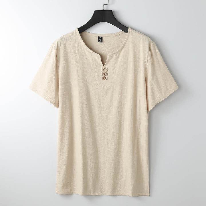 T-shirt pour homme Buddha Stones, couleur unie, manches courtes, col en V à trois boutons, chemise en coton doux