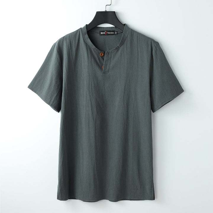 T-shirt ample pour homme Buddha Stones, couleur unie, manches courtes, col cranté, chemise en coton et lin doux - Gris - US/UK/AU54，EU64 (9XL) - image 2
