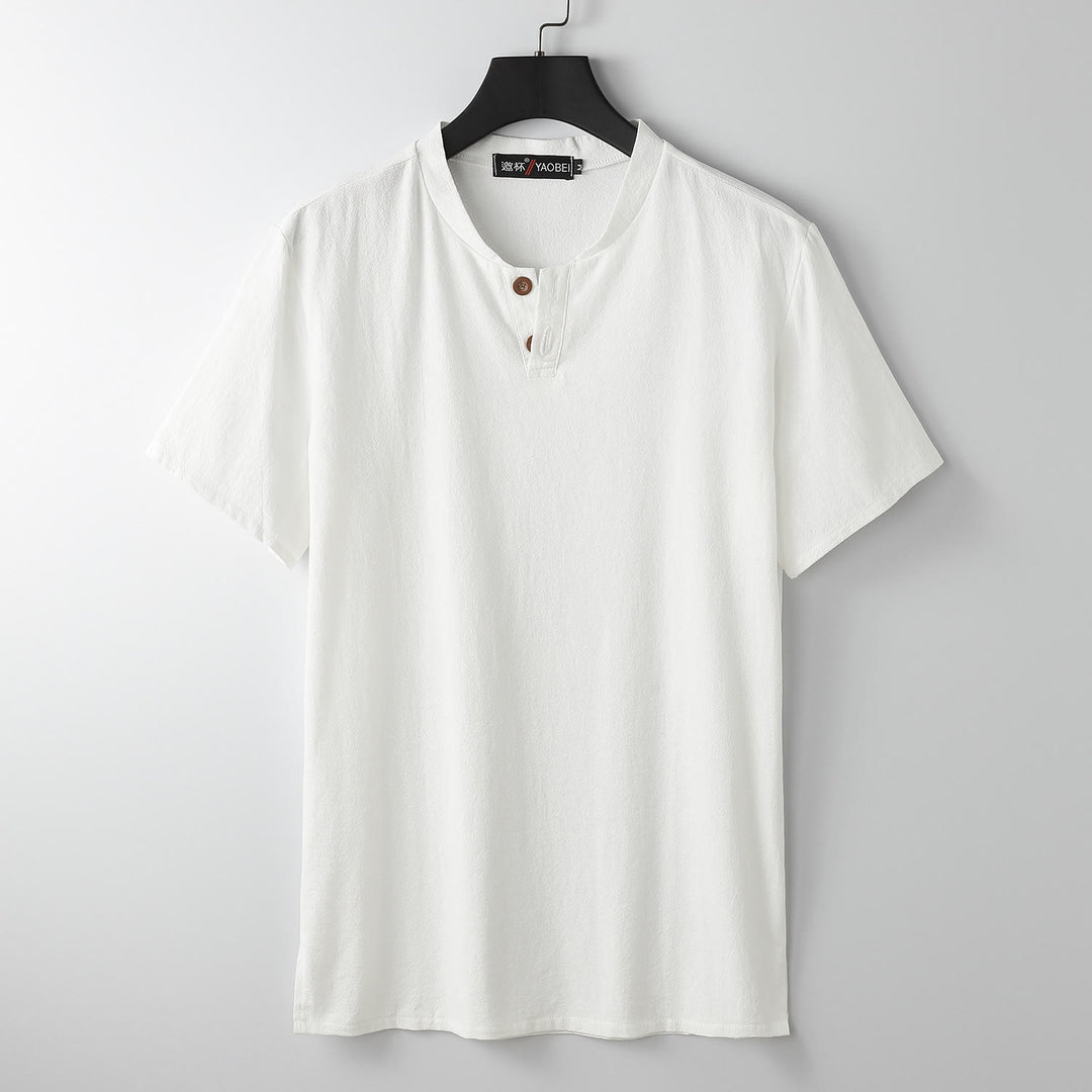 T-shirt ample pour homme Buddha Stones, couleur unie, manches courtes, col cranté, chemise en coton et lin doux - Blanc - US/UK/AU54，EU64 (9XL) - image 1